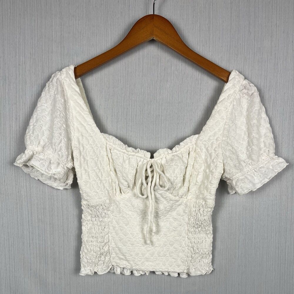 Kirious Women's White Babydoll Puff Sleeve Tie Front Top Milkmaid Coquette - Picture 2 of 11